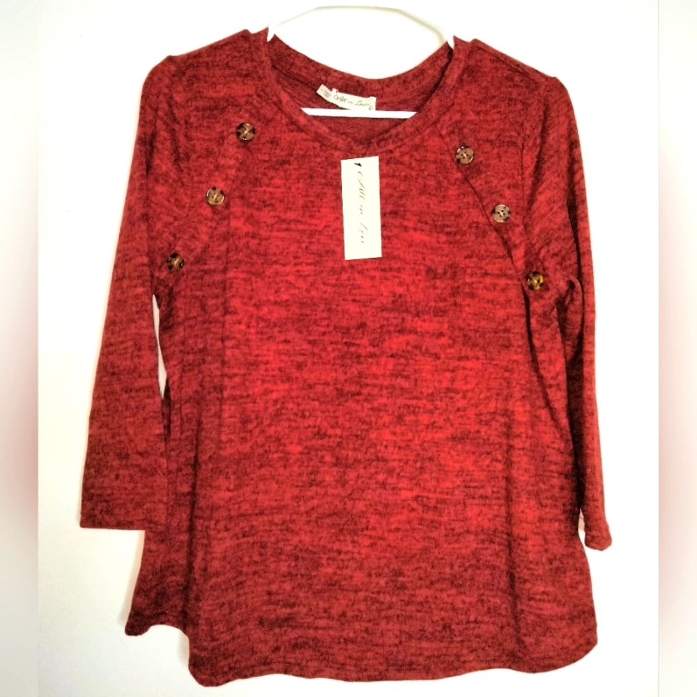 All In Love (Size S) Heather Burgundy Faux Button 3)4 Sleeve Sweater (NEW-NWT)
